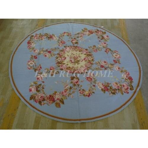 Free shipping 8'X8' Round Handmade Floral Blue Roses Wool Needlepoint Area Rug New Store Openning