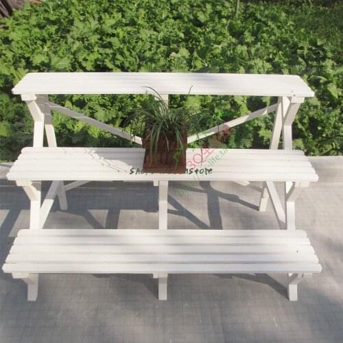 White solid wood large flower shelf stepped three-layer balcony wooden flower pot stand for vegetable garden carbonized anticorr