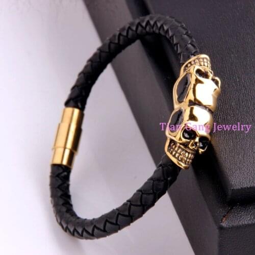 Hot Genuine Leather Bracelet&Bangles High quality Skull Charm Bracelets For Women mens Fit 20.5mm Rivca Snaps Button Jewelry