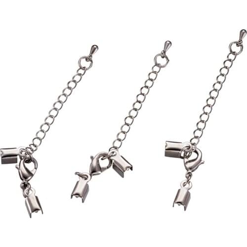 5Set Platinum Brass Extender Chain for Jewelry Necklace Bracelet with Lobster Claw Clasps and Fold Over Crimp Cord Ends F80