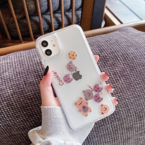 Korean Float Biscuit Bear Phone Case For iPhone 12 11 Pro Max XR XS Max 7 8 Plus SE 2020 Sliding Blocks Transparent Back Cover
