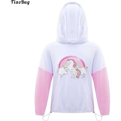 TiaoBug Spring Autumn Kids Girls Hooded Hoodie Long Sleeves Cartoon Horse Print Color Contrast Patchwork Sweatshirt Tops