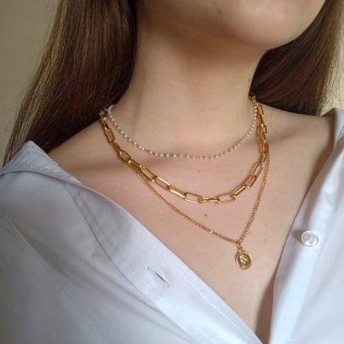 FNIO Fashion MultiLayer Portrait Pearl Pendants Necklaces For Women Gold Metal Key Heart Necklace New Design Jewelry Gift