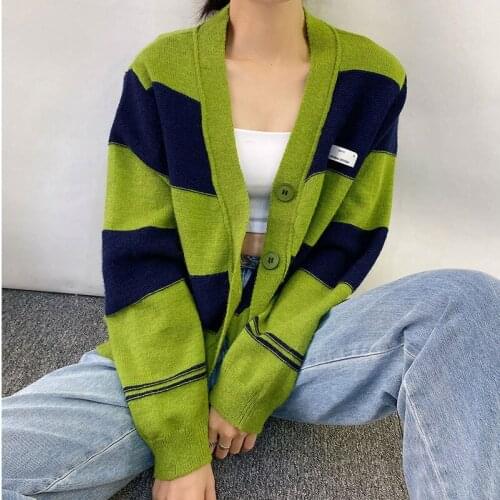 Striped V-neck Knit Soft Cardigan Sweater Women Color Block Single Breasted Loose Knitted Female Cardigans Autumn 2021 Casual