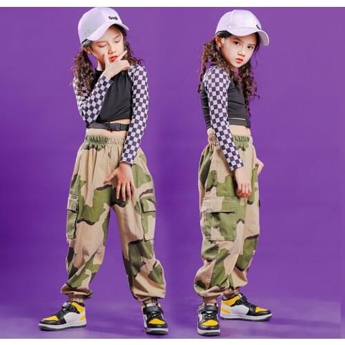 Girls Jazz Dance Show Costume Modern Ballroom Dance Dress Hip Hop Costume For Girls Black Tops Camouflage Pants Rave Clothes