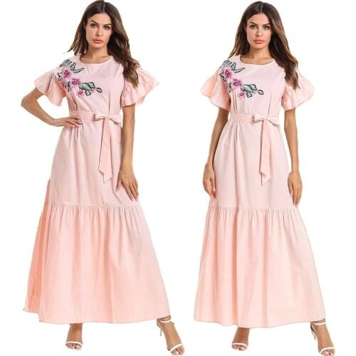 Summer Women Short Sleeve Dress Muslim Abaya Embroidery Maxi Kaftan Dubai Kaftan Ruffle Jilbab Party Gown Loose Caftan Robe Arab