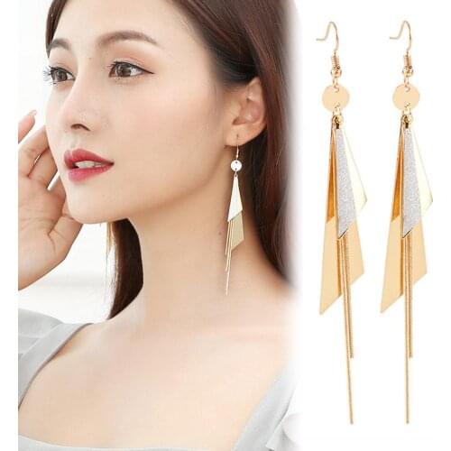 HOT SALES!!! Korean Fashion Women Triangle Geometric Eardrop Long Tassel Hook Earrings Hypoallergenic Party Jewelry Gifts Friend