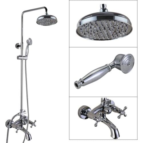 Silver Chrome Brass Wall Mounted 8" Rain Bathroom Rainfall Shower Faucet Set with Hand Spray Shower Head Tub Mixer Tap 2cy355