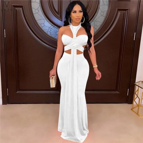 VAZN 2021 New Arrival Open Solid Energy Sweet Young Sexy Club Hollow Out Half Sleeve Long Maxi Dress High Waist Women Dress