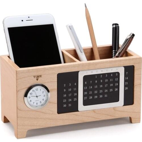 Multi-functional walnut wood Pen Pencil Box Holder Desktop Office Accessories Stationery Organizer with perpetual calendar