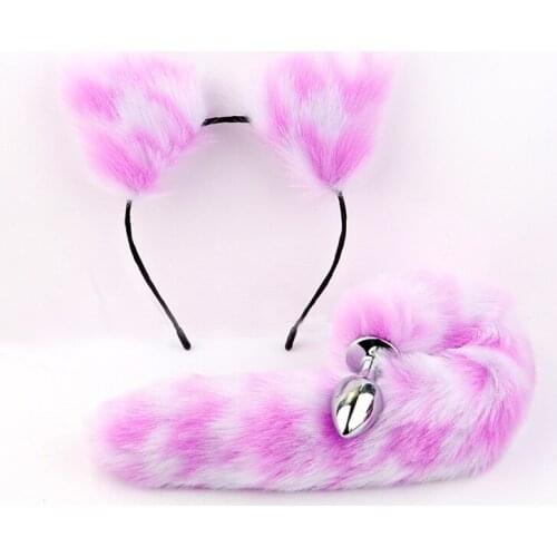 Fashionable Cute Plush Cat Ears Headband with Pink Fox Tail Anal Plug Animal Play Costume Adult Sex Game Toy Erotic Accessories