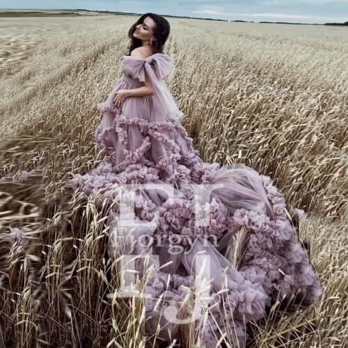 Romantic Lavender Tulle Maternity Dress V-Neck Long Train High Quality Customized Pregnancy Dress robe femme