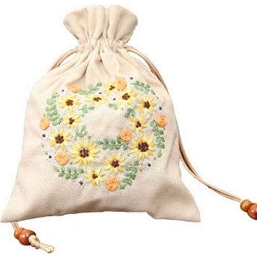 Cotton Linen Pouch Bag Embroidery Kit, Laundry Bag, Nursery Decor, Toy Storage Bag, Food Bag, Embroidery Gift, 22 x 17 cm (A)