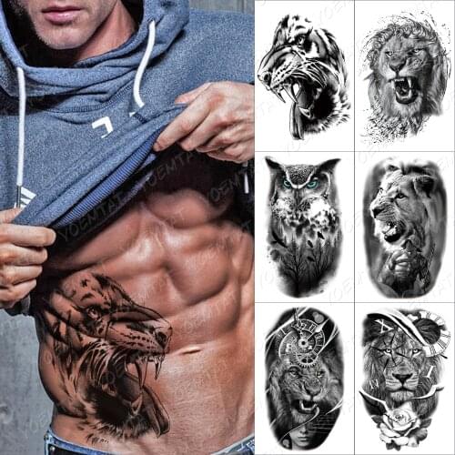 Roaring Tiger Temporary Tattoo Sticker For Men Women Wolf Lightning Black Lion Rose Waterproof Fake Henna Wild Animal Body Art