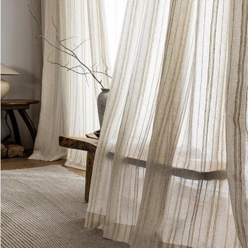 CDIY Linen Window Screening Japanese Nordic Striped Tulle Curtains for Living Room Bedroom Sheer Curtain Modern Voile Drapes