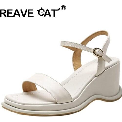 REAVE CAT 2021 Leisure Sandals Narrow Band Platforms Slingbacks Ankle Buckle Strap 6.5cm Wedge Heel US10 11 Apricot Beige A4300