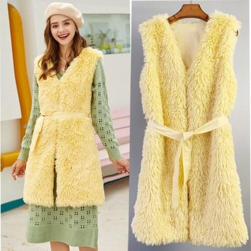 Women Long winter Imitation alpaca cashmere fur belt vest female faux fur waistcoat vest