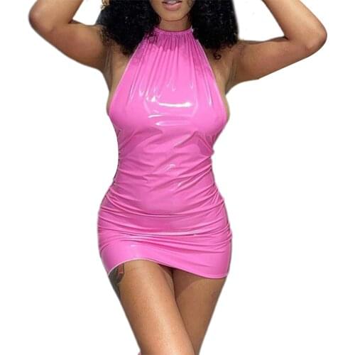IMCUTE Halter-neck PU Leather Dress Womens Sexy Dress Party Nightclub Lace-up Halter Tight Hip Dress Street Fashion Mini Dress