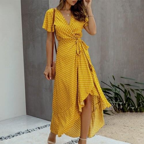 Women Sexy Casual Maxi Dress Summer Ladies Polka Dot V Neck Ruffles Floral Short Sleeve Beach Party Dresses Lace Up Wrap Vestido