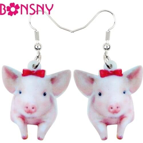 Bonsny Acrylic Cartoon Lovely Pig Piggy Drop Earring Big Long Dangle Fashion Animal Jewelry For Girl Women Wholesale Accessories