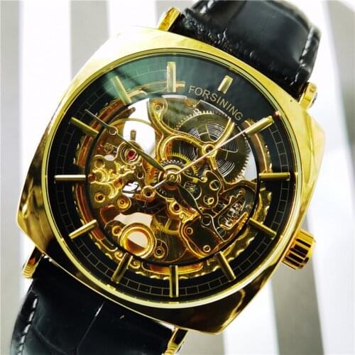 Forsining 2020 Waterproof Luxury Golden Skeleton Mechanical Watches Black Genuine Leather Mens Wristwatches Clock Watch For Men