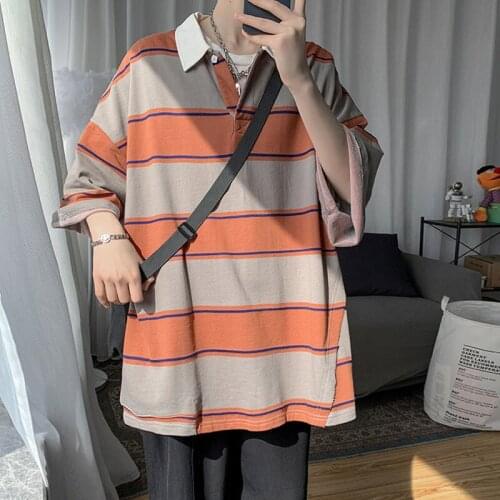 Spring Summer Round Neck T-Shirt Mens Fashion Handsome Contrast Color Oversize Loose Half-Sleeved Striped T-Shirt Hip Hop Tops