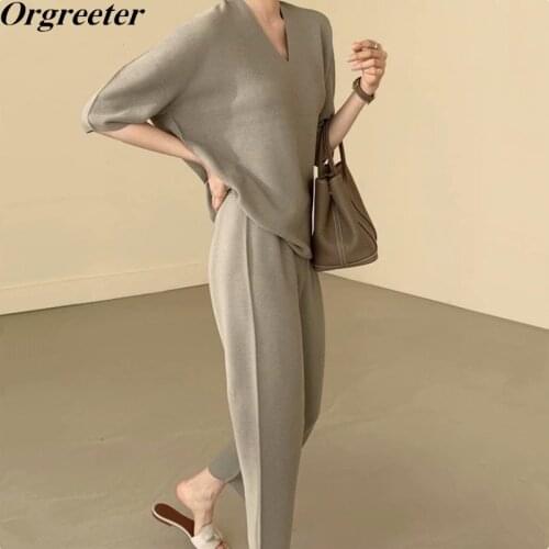 Summer Fall Knitted Two piece set Women Casual Raglan Sleeves Ruched Pullover Sweater + Wide Leg Pants Suits Knitwear Outfits