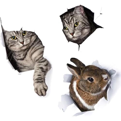 Cute 3D Bunny kitten Wall Sticker for Bathroom Toilet cupboard Home decoration Decals Background wallpaper animals Stickers