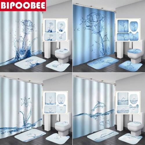 Water Styling Creativity Bathroom Shower Curtain Set Bath Mats Rugs Rose Dolphin Pattern Pedestal Carpet Lid Toilet Cover
