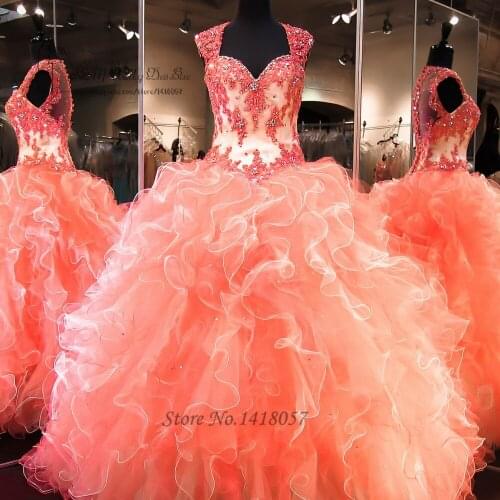 Real Cheap Coral Quinceanera Dresses Gowns Lace Beads Vestidos de Quince anos 2016 Sweet 16 Dresses Ball Gown Debutante Gowns