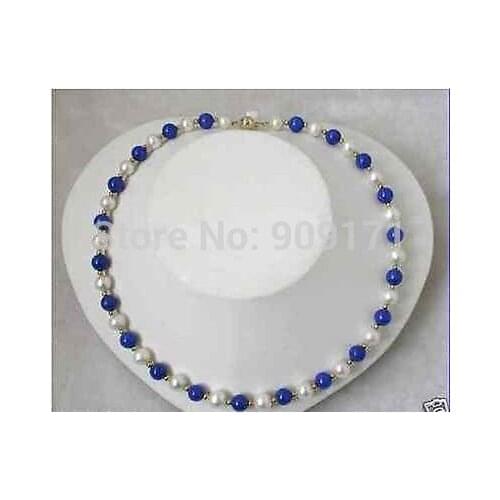 Stunning 8mm round white freshwater pearls blue lapis lazuli necklace