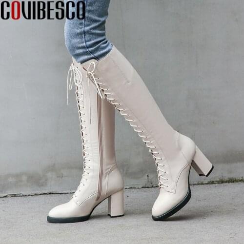 COVIBESCO Casual Fashion Knee-High Boots For Women Genuine Leather High Heels Shoes Woman Side Zipper New Cross-Tied Long Boots