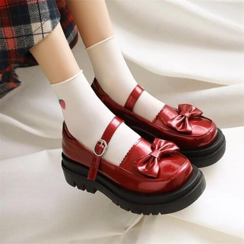 PXELENA Patent Leather Mary Janes Shoes Women Butterfly-knot Chunky Med Heels Platform Lolita Pumps 2021 Spring Plus Size 34-43