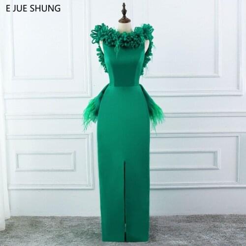 E JUE SHUNG Green Organza Feather Luxury Evening Dresses Flowers Middle Slit Long Formal Dresses Prom Dress Evening Gowns