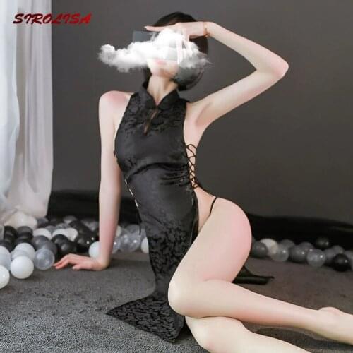 Sexy Lingerie Women Satin Retro Jacquard Cheongsam Bathrobe Passion Hollow Straps High Slits Anime Erotic Uniform Temptation