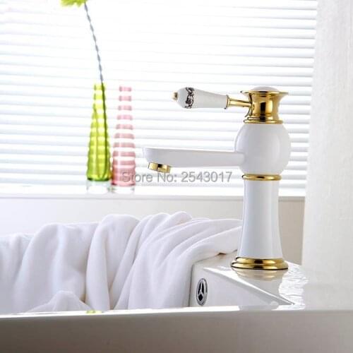 New Arrival Luxury High Quality Basin White Faucet Ceramic Handle Golden Finish Bathroom Mixer Taps robinet lavabo ZR568