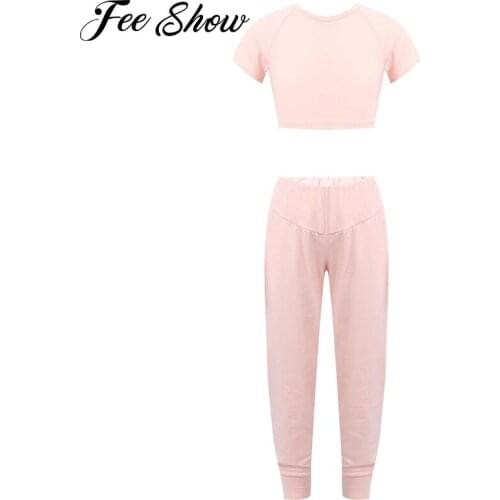 Kids Girls Pure Color Sport Suit Outfit Round Neck Short Sleeves Active Workout Running Gym Sports Crop Top High Waist Pants Set