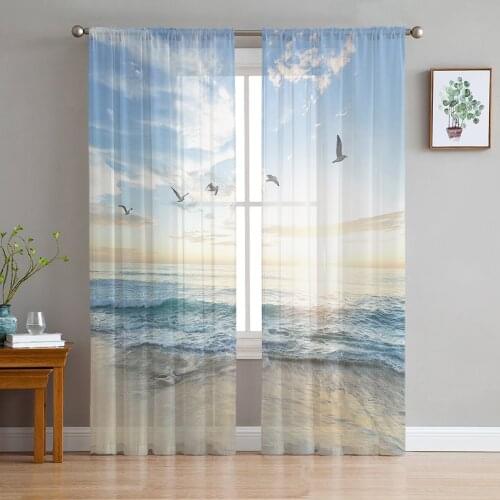 Sunset Sea Scenery Painting Window Curtains Bedroom Modern Drape Sheer Tulle Valances Living Room Kitchen Voile Curtain