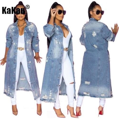KaKan European and American Womens Ripped Long-sleeved Denim Windbreaker Jacket Cardigan Denim Cloak Sexy Denim Jacket