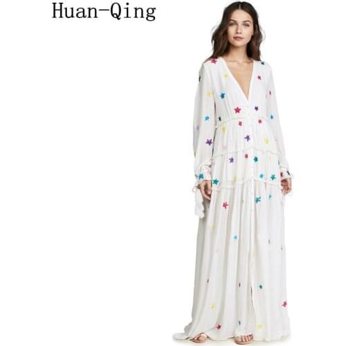 Womens Vintage Star Embroidery Bohemian Black White Maxi Dress Summer Sexy V-Neck Single-breasted Party Holiday Long Dresses