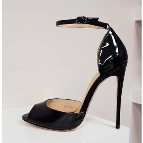 Moraima Snc High Quality Black Patent Leather High Heel Sandals Woman Peep Toe Ankle Strap 12CM Thin Heels Shoes Summer Sandal