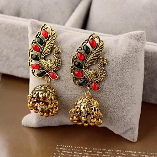Retro Gold Peacock Jhumka Earrings Indian Jewelry For Women Brincos Vintage Ethnic Gypsy Stone Beads Bell Tassel Earrings