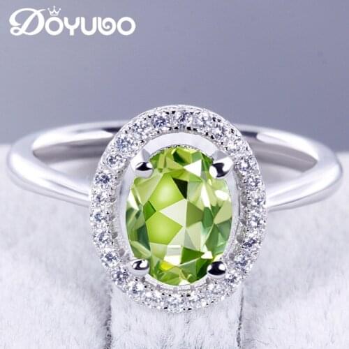 DOYUBO Women Real Silver Luxury Oval Olivine Stone Wedding Ring Antique Female Fashion Semi Precious Stone Rings Jewelry VB278