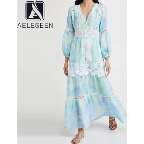 AELESEEN Runway Fashion Women Dress 2021 Designer Lantern Sleeve Sky Blue Pink Lace Patchwork Ruffles Long Party Dress