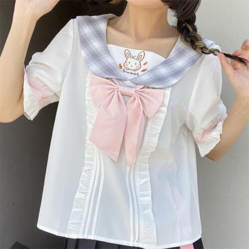 Plaid Sailor Collar White Shirts Teen Girls Bunny Ears Preppy Style Cute Rabbit Embroidery Kawaii Tops Lolita JK Chiffon Blouses