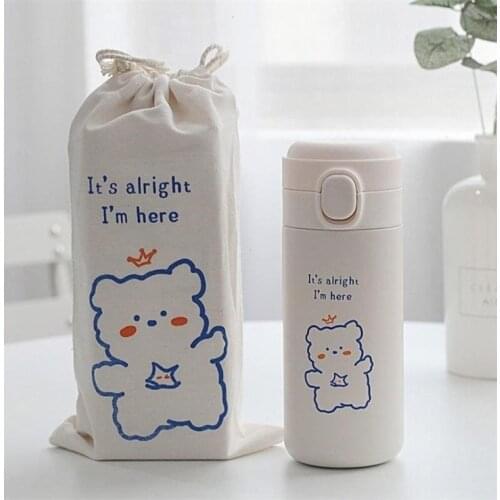 Homemade Thermos Cup Female Small Cute Bear Cup Korean Style Simple Girl Student with Bag Convenient Personality Trend Cup