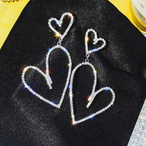 European Crystal Big Double Heart Earrings For Women Korean Sweet Elegant Long Hollow Rhinestone Earrings LOVE Wedding Jewelry