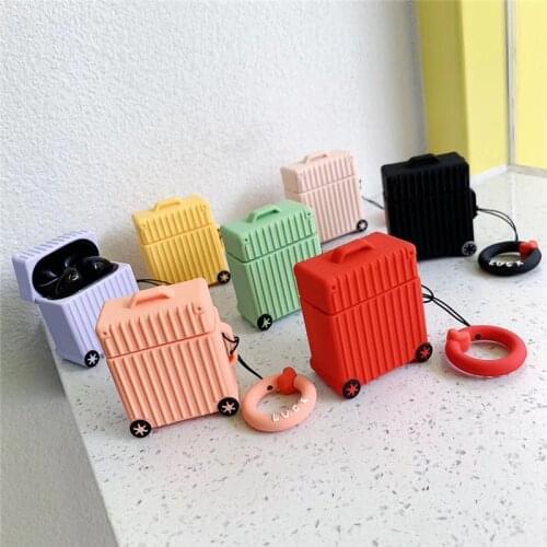 Hot Sale Cartoon Suitcase Trunk Design Earphone Cases with Finger Ring for Airpods 1/2 Colorful Cute Luggage Covers for Airpods