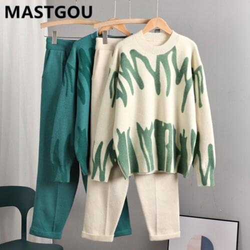 MASTGOU Cashmere Women Sweater Tracksuits Tie Dye Knit Two Pieces Pencil Pants Sets Oversized Loose Sweaters Sutis Clothing