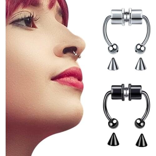 1PC Fake Septum Nose Ring Hoop Magnetic Surgical Steel Faux Nose Septum Piercing Magnet Non-Pierced Clip On Nose Hoop Rings Stud